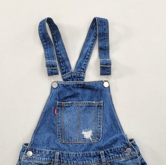 Levis Shortalls Blue Bib Shorts Girls 12R 29x4 Distressed Med Wash Cotton Denim - Picture 11 of 12
